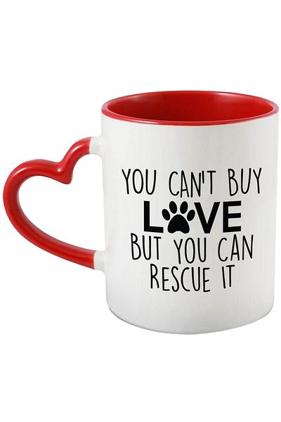 StoryGift Romania Mug with message encouraging animal adoption with the message "You can't buy love, With ,STG.
