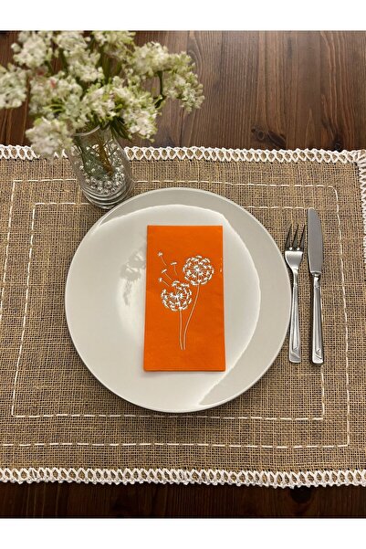 kidspartim Gümüş Yaldızlı Turuncu Hindiba Çiçeği Baskılı Garson Katlama Peçet...