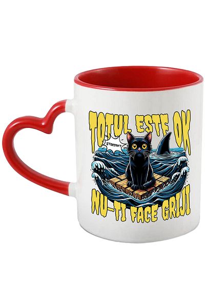 StoryGift Romania Mug with Cat Anxiety On The Sea Sharks Funny Text Everything Is Ok, Don't Worry, With ,STG.