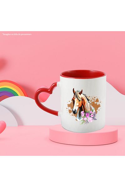 StoryGift Romania Mug with a horse and pink flowers, horse riding, animal, illustration, brown, on, With, STG.