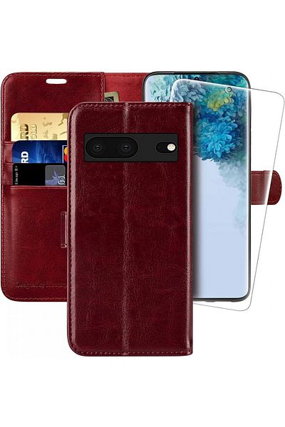 Monasay Set Of Flip Case And Protective Film For Google Pixel 7 , Pu/tpu Leather, Dark Red, 6.3 Inch