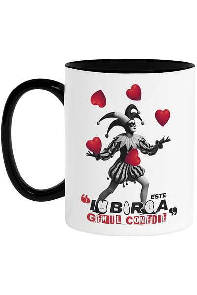 StoryGift Romania Clown Mug with text love is a kind of comedy, 330ml, Ceramic with Black Handle, With ,STG