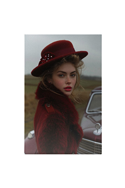 StoryGift Romania Tablou Canvas Femeie Blonda Cu Palarie Rosie In Palton De B...