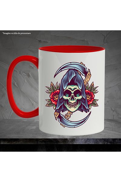 StoryGift Romania Mug With Death, Scythe, Flowers, Leaves, Symmetry, Retro, Multicolor 330 ml, Ceramics, With