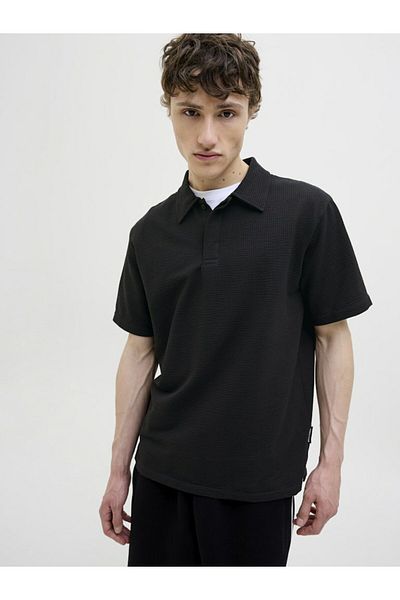 Jack & Jones Men's Black Jcosago Textured Polo Ss Polo T-Shirt 12276735-Black