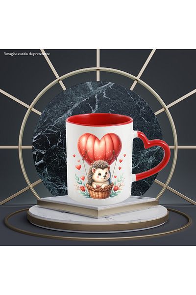 StoryGift Romania Mug with a little hedgehog riding a hot air balloon, illustration, hearts, With ,STG
