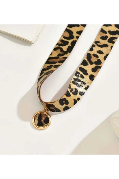 sarıyer silver Leopard Pattern Fabric Design Stylish Style Steel Pendant Choker Model Necklace