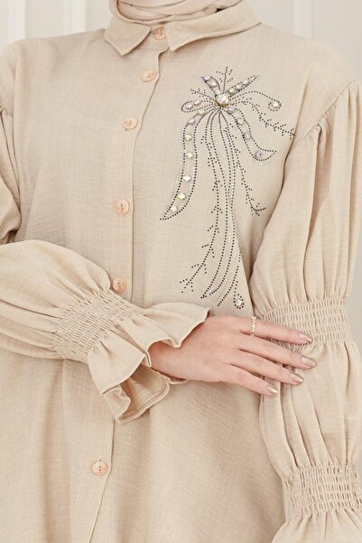 Sevitli Διπλό Σετ με Πέτρες στο Μπροστινό Μέρος και Ελαστικό Χερούλι-Μπεζ