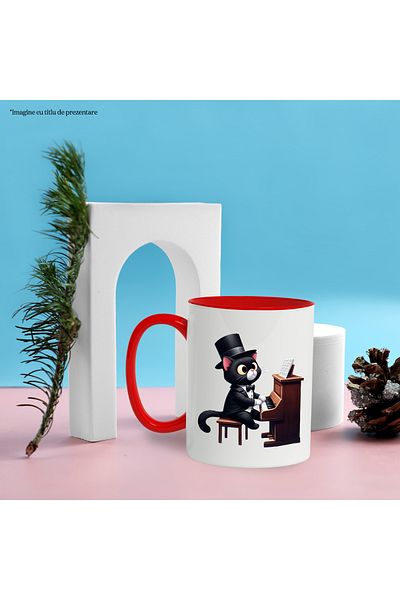 StoryGift Romania Mug with a black cat playing the piano, illustration, surprised, musical notes, c, With, STG