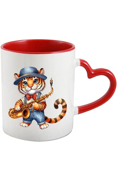 StoryGift Romania Mug with a cheerful tiger cub holding a saxophone | illustration | concert | anim, With ,STG.