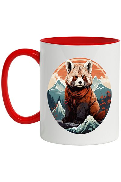 StoryGift Romania Mug With Red Panda Bear, Mountains, Sunset, Sky, Clouds, Forest, Multicolor 330 ml, Ceram, With ,STG