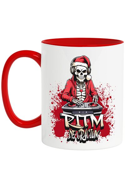 StoryGift Romania Christmas Rhythm Mug Skeletons Santa Claus DJ, 330ml, Ceramic with Red Handle, With Handle, STG