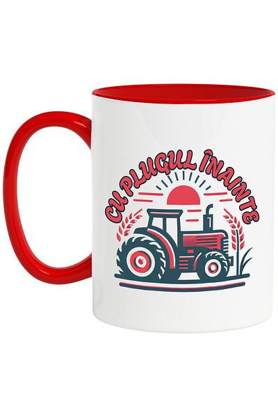 StoryGift Romania Tractor Mug Autumn Field Work With the Plow Ahead, 330ml, Ceramic with Red Handle, With Ma,STG