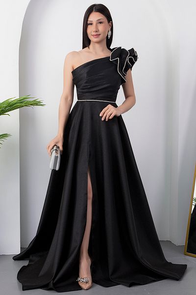 PULLIMM One Shoulder Chest Gathered Slit Evening Dress Ecr5579