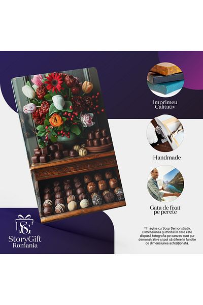 StoryGift Romania Canvas Painting Sweets Buffet Chocolates with Different Flavors Placed Next to a Vase of Flowers