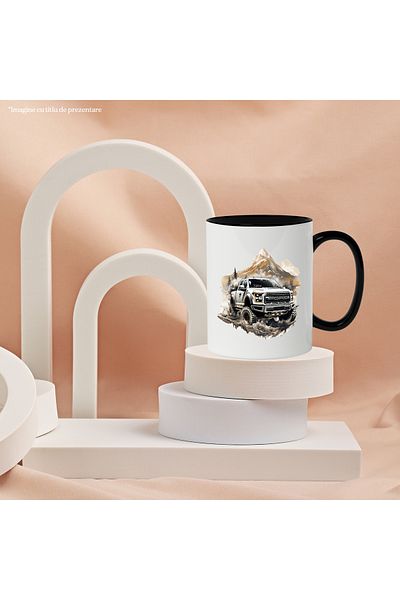 StoryGift Romania Mug With Ford F-150, Mountain, Forest, Fir Trees, Offroad, Multicolor 330 ml, Ceramic c, With