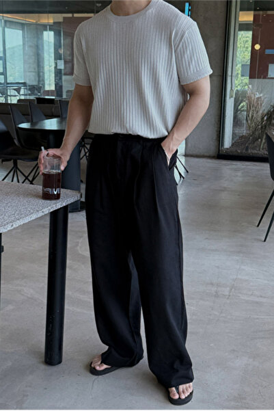 Tarz Cool Men's White Corded Slim Fit Crew Neck Knitwear T-Shirt