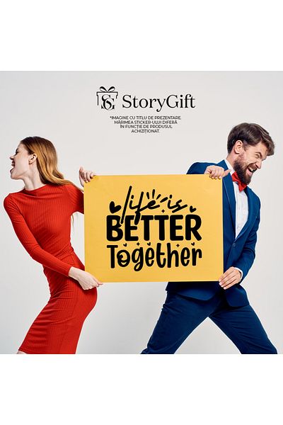 StoryGift Romania Sticker Eticheta 50CM Exterior cu inimioare si textul in engleza "Life is better together" - v