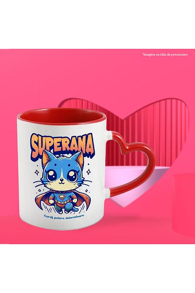 StoryGift Romania Super Ana Mug, Superhero, Flying Cat, 330ml, Ceramic with Red Heart Handle, With M,STG
