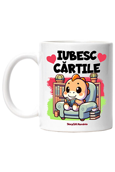 StoryGift Romania Cana Iubesc Cartile dinozaur citind pe fotoliu, 330ml, Cera...