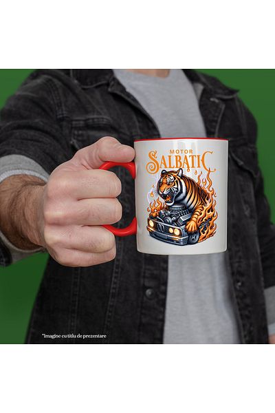 StoryGift Romania Cana Motor Salbatic Tigru Masina In Flacari Viteza, 330ml, Ceramic Cu Maner Rosu, Cu ,stg