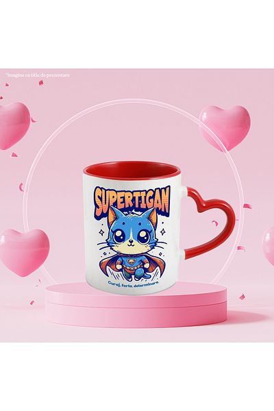StoryGift Romania Super Tigan Mug, Superhero, Flying Cat, 330ml, Ceramic with Red Heart Handle, With,STG.