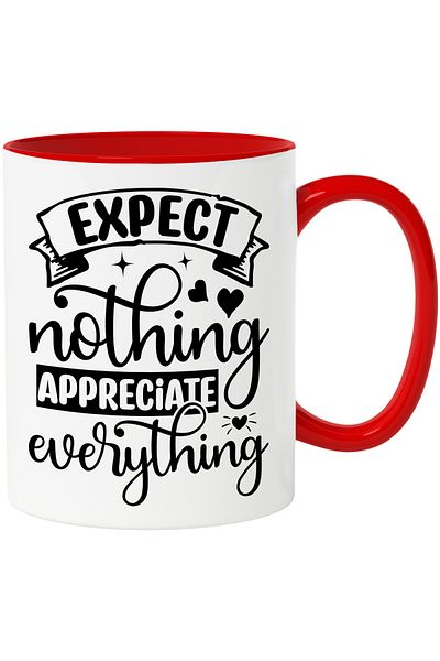 StoryGift Romania Mug with hearts and the text "Expect nothing, appreciate everything" with Red Handle, With ,STG.