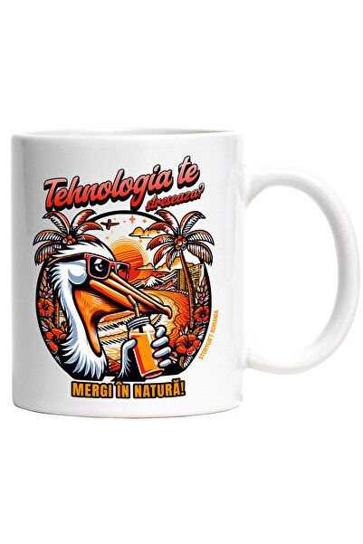 StoryGift Romania Cana Tehnologia te streseaza_ mergi in natura pelican, 330ml, Ceramic cu Maner A, Cu ,STG