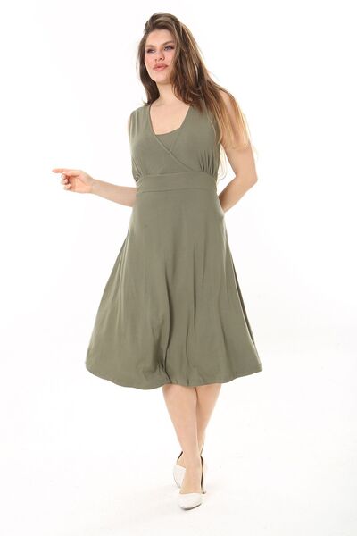 Şans Rochie de damă kaki cu guler înfășurat în spate cu talie elastică fără mâneci din lycra viscoză 65N37872