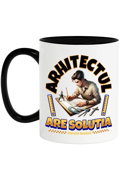 StoryGift Romania Mug with Brunette Man Drawing Sketches Job text In Romanian Architect Has S, With, STG.
