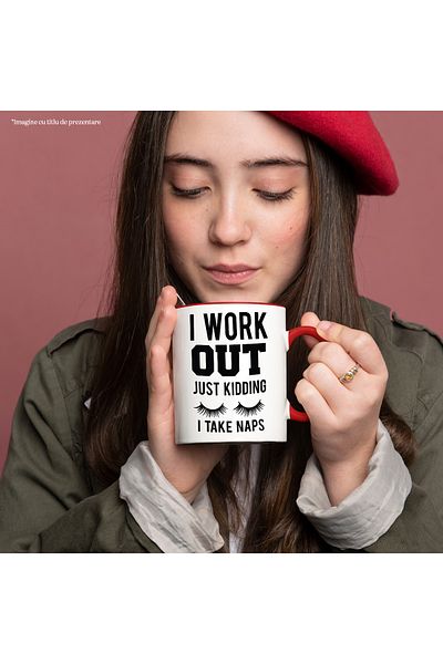 StoryGift Romania Sleepy mug with the message in English "I work out. Just kidding, I take na, Cu ,STG