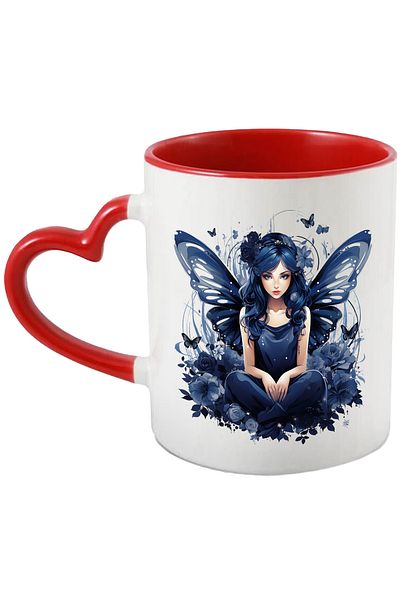 StoryGift Romania Mug with a cute fairy, illustration, blue wings, dress, poppies, butterflies, With ,STG