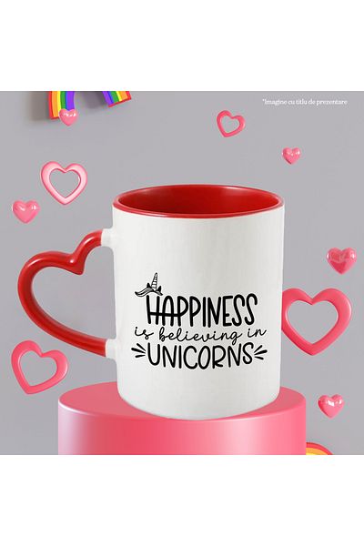 StoryGift Romania Mug with message that happiness means believing in unicorns with Mane, Cu, STG