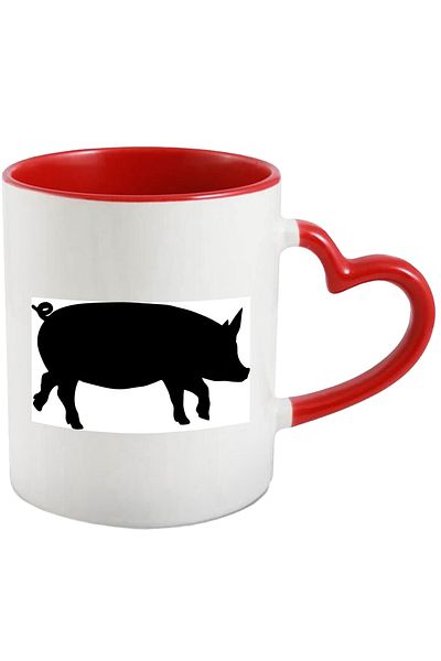 StoryGift Romania Mug with a piglet - running energetically with Red Heart Handle, With Red Heart Handle STG,S,STG