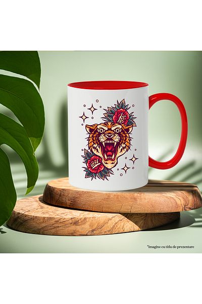 StoryGift Romania Mug With Tiger Head, Roses, Leaves, Stars, Polka Dots, Multicolor 330 ml, Wax, With