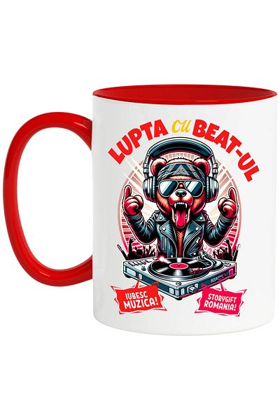 StoryGift Romania Mug with Bear in Leather Jacket and Hat Rock&Roll Party Text in Language, With,STG