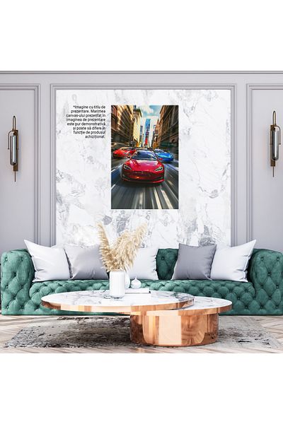 StoryGift Romania Tablou Canvas Cursa De Masini Maserati Una Roz, Rosie Si Albastra Se Intrec In Orasul Aglomera