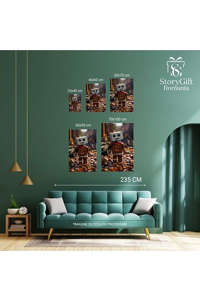 StoryGift Romania Canvas Painting 40 x 25CM Lego Robot Figurine Dressed in Brown Clothes with Walking Model, STG.