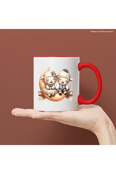 StoryGift Romania Mug with 2 sheep sitting on the crescent moon, illustration, laughing, feeling good, friendship, , With ,STG