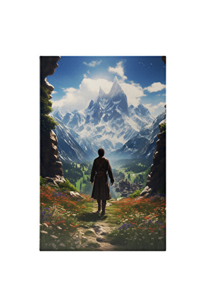 StoryGift Romania Tablou Canvas: Baiat Care Paseste Prin Campul De Flori Cu Priveliste Catre Muntii Acoperiti De