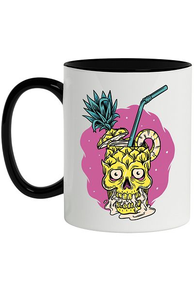 StoryGift Romania Mug With Glass, Pineapple, Skull, Straw, Drink, Leaves, Multicolor 330 ml, Ceramic, With ,STG