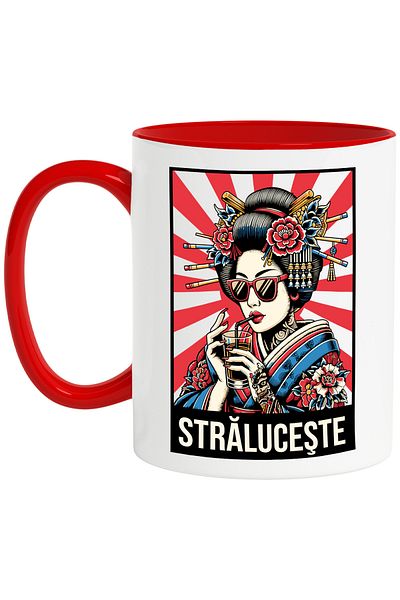 StoryGift Romania Mug Shines Woman Japanese Style Asian Drink, 330ml, Ceramic with Red Handle, With ,STG