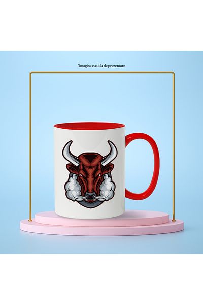StoryGift Romania Mug With Bull Head, Animal, Smoke, Horns, Emblem, Multicolor 330 ml, Ceramic c, With