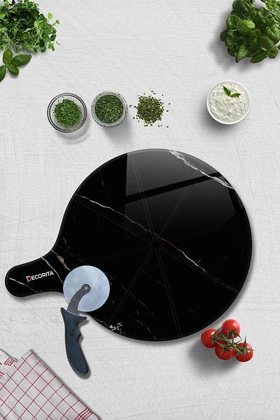 Decorita Pizza Presentation Glass with Handle and Cut Channel |   Black Marble |   36cm X 47cm