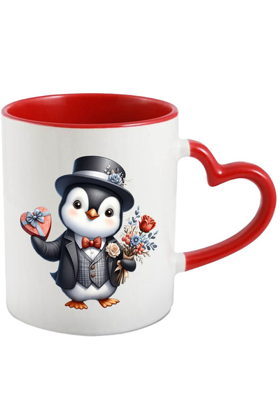 StoryGift Romania Cana cu un pinguin la costum care tine un buchet cu flori s...
