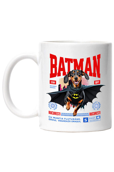 StoryGift Romania Cana cu Teckel / Dachshund Caine In Costum de BatMan cu Pelerina, Erou Nocturn, , Cu ,STG