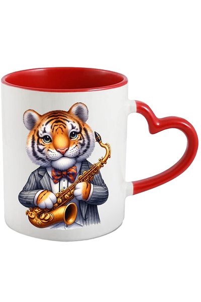 StoryGift Romania Mug with a tiger holding a saxophone | illustration | melody | musical instrument, With ,STG