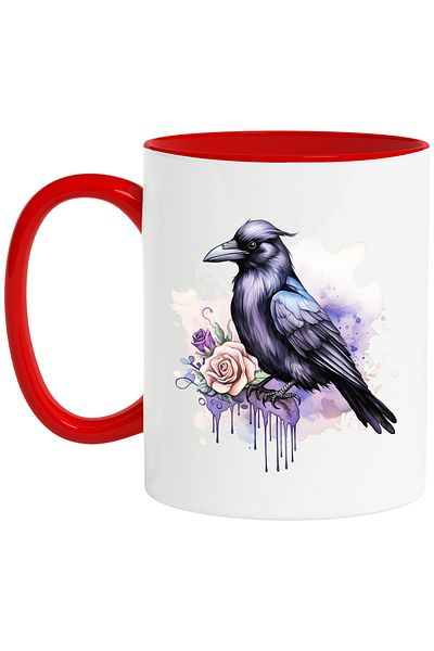 StoryGift Romania Mug with a raven, illustration, rose, flowers, paint, branch, stains with Red Handle, With,STG