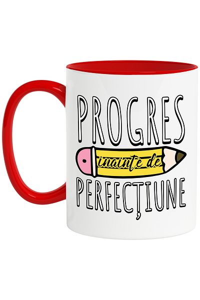 StoryGift Romania Mug Progress before perfection education school, 330ml, Ceramic with Red Handle, With,STG.