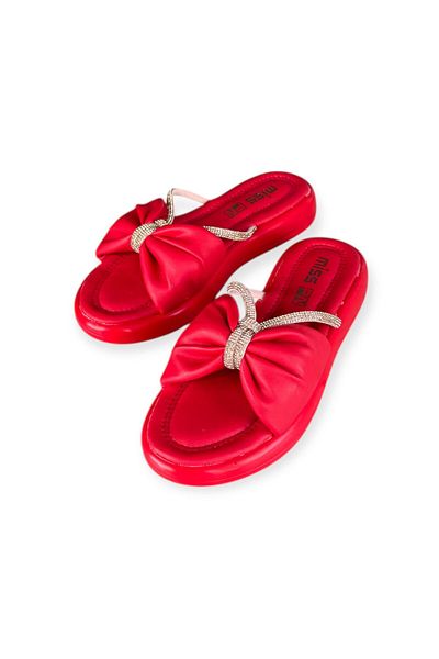 İpek Silk Women's Red Mint Orthopedic Soft Sole Bow Stone Slippers